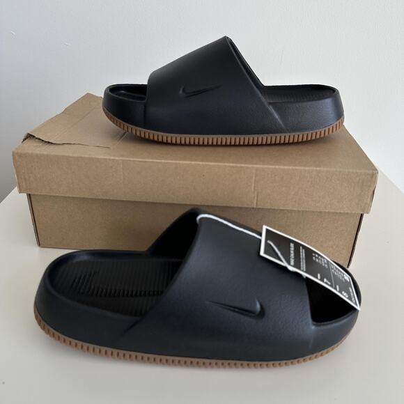 Nike Calm Slide Shoes Mens 7 Black Gum Brown Slip On Sandals FD4116 003 Slides - Picture 1 of 11